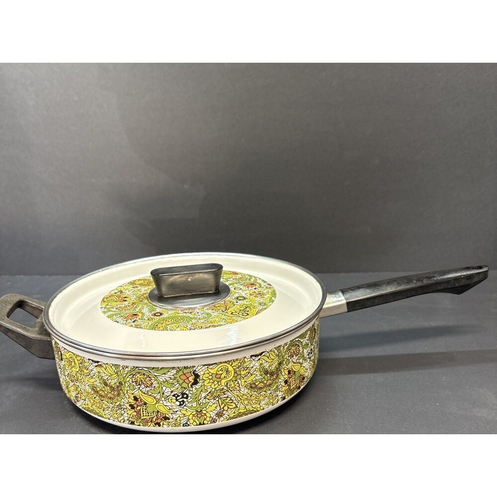 Vtg 1970s Fancipans Avocado Green Paisley Fry Pan w Lid